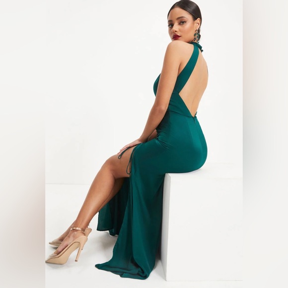 NWT Vici Taking Risks Emerald Satin Cutout Slit Maxi Dress Sz S Sexy Formal - Picture 5 of 5